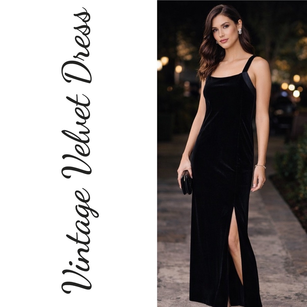 CDC PETITES VINTAGE BLACK VELVET Y2K STRETCHY FORMAL DRESS SATIN STRAPPY BACK, 8